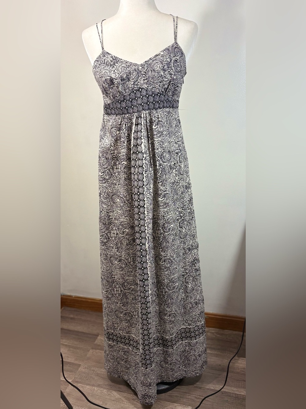 LOFT Black and White Paisley Maxi Dress with Spaghetti Straps
